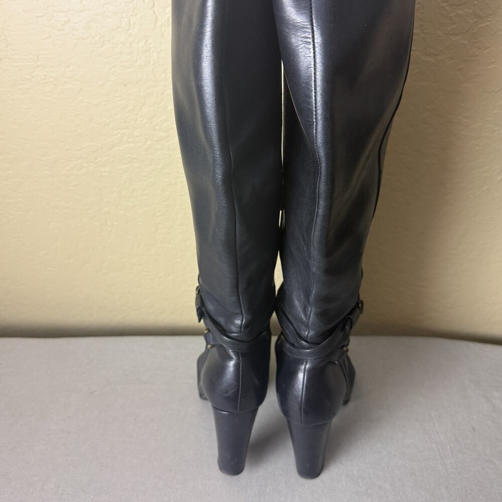 Ralph Lauren RL Black Leather Knee High Heeled Boots Womens Size 7.5